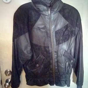 Women's black leather and suede leather jacket gather to the waist